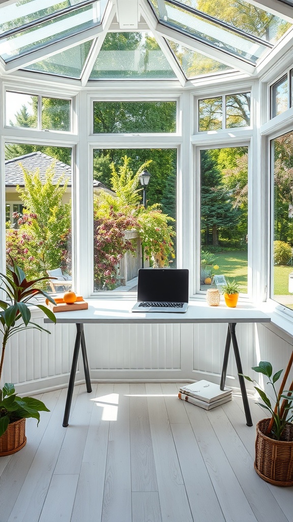 A bright sunroom workspace with a laptop, plants, and a view of the garden