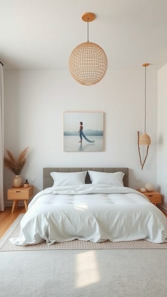 A modern minimal bedroom featuring a large bed with white bedding, wooden side tables, soft rug, and warm pendant lights, creating a calming atmosphere.