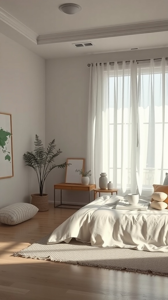A minimalist bedroom with large windows, soft bedding, and a calming atmosphere.