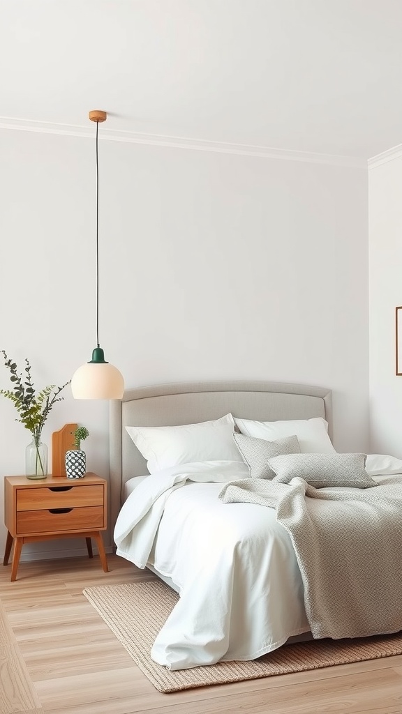 A cozy modern bedroom featuring a bed with white linens, a wooden nightstand with a plant and decorative items, and a pendant light.