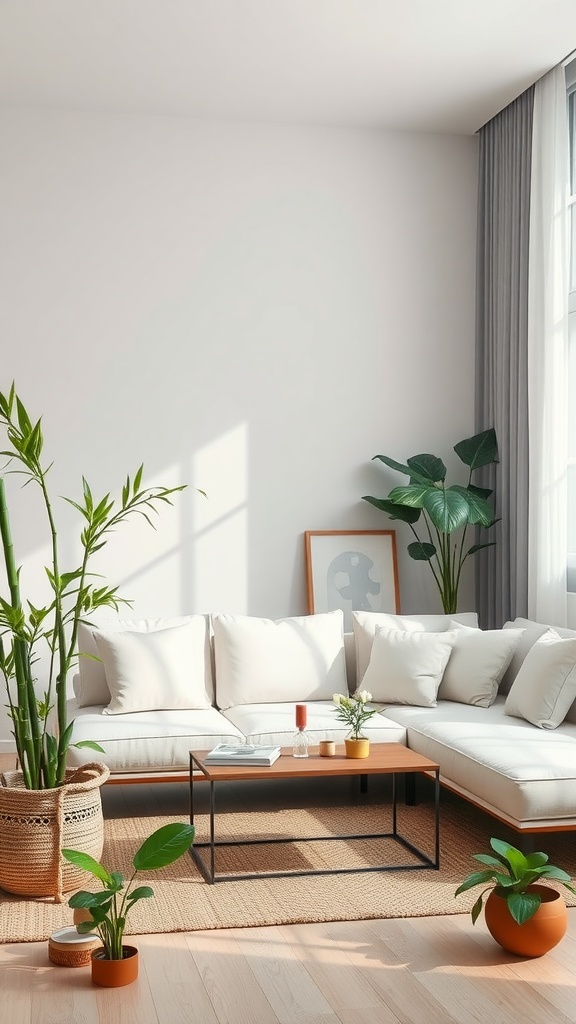 A bright living room with a white sofa, plants, and a wooden coffee table.