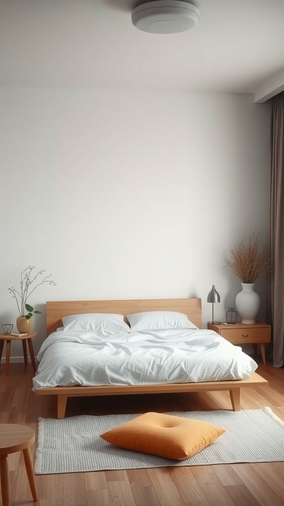 A minimalist bedroom featuring a wooden bed, white bedding, and simple decor for a tranquil atmosphere.
