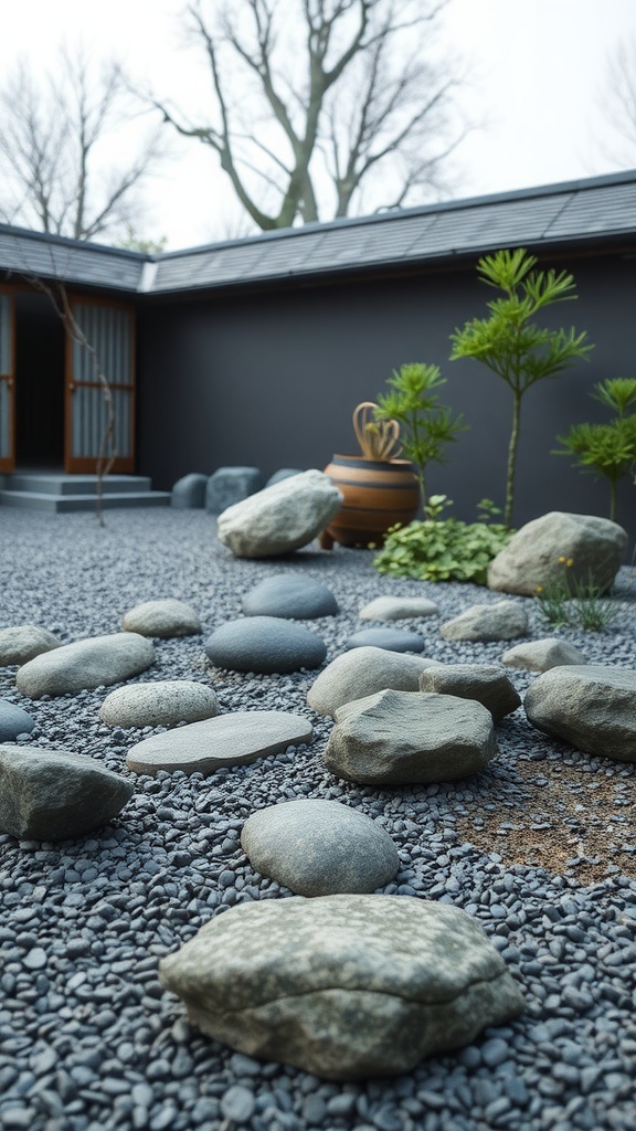 Zen garden featuring various rocks and plants around a house.