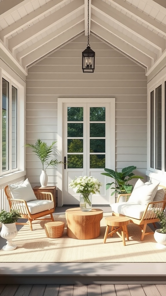 A small screened-in porch with minimalist decor featuring two chairs, a wooden table, and plants.