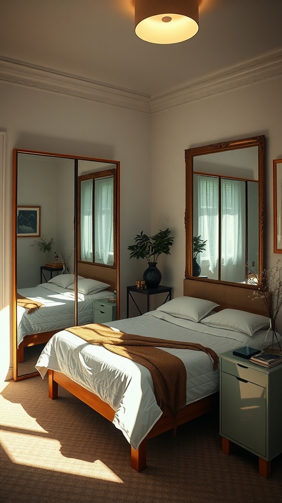 Cozy small bedroom with mirrors reflecting light, enhancing the space