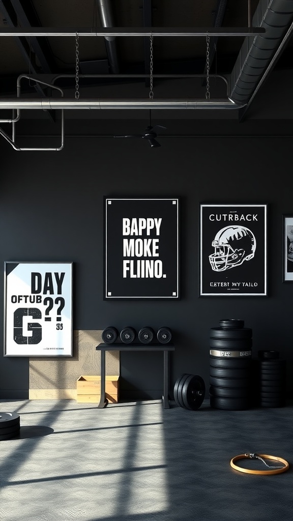 A black garage gym featuring bold wall art with motivational phrases.