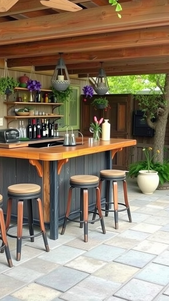 Rustic outdoor bar area with wooden stools and hanging plants