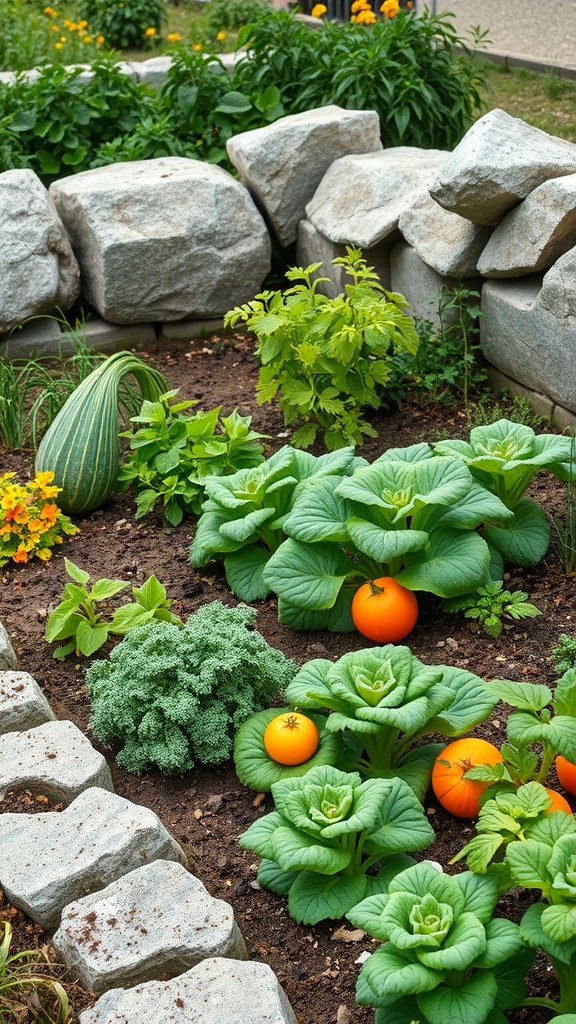A vegetable garden bordered by large rocks, featuring green plants and orange pumpkins.