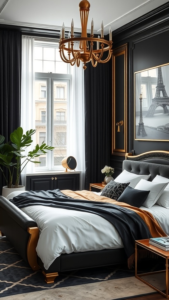 A stylish black and gold bedroom featuring white accents, including bedding and curtains.