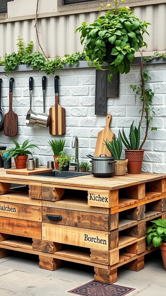 An outdoor kitchen made from wooden pallets, featuring plants, kitchen tools, and a sink.