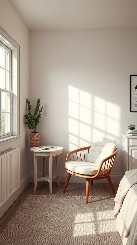 Cozy corner with a stylish chair, small table, and plant in a small bedroom