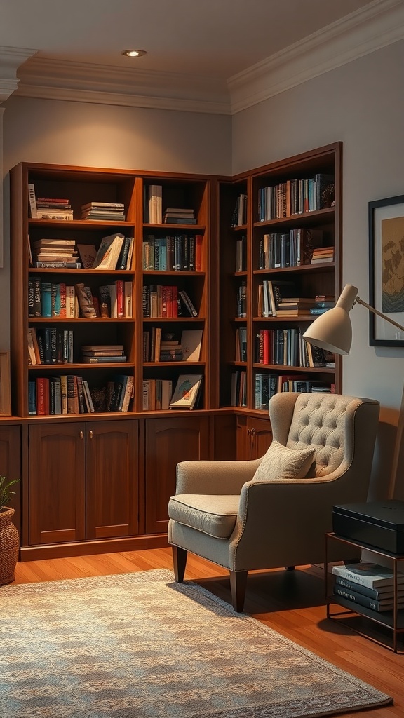 Cozy reading nook with a comfortable armchair, bookshelves, and warm lighting.