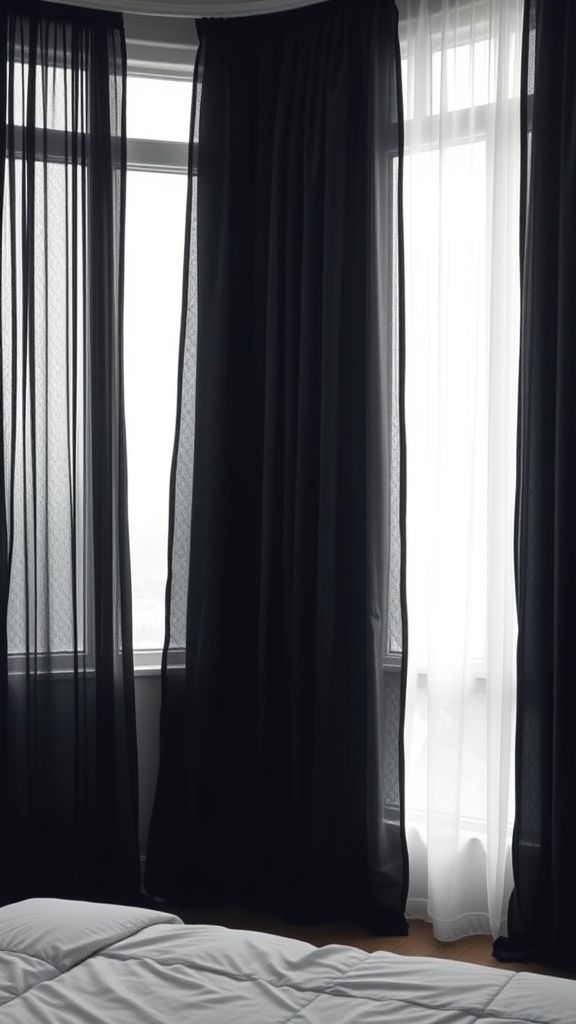 Layered black and sheer white curtains in a bedroom setting