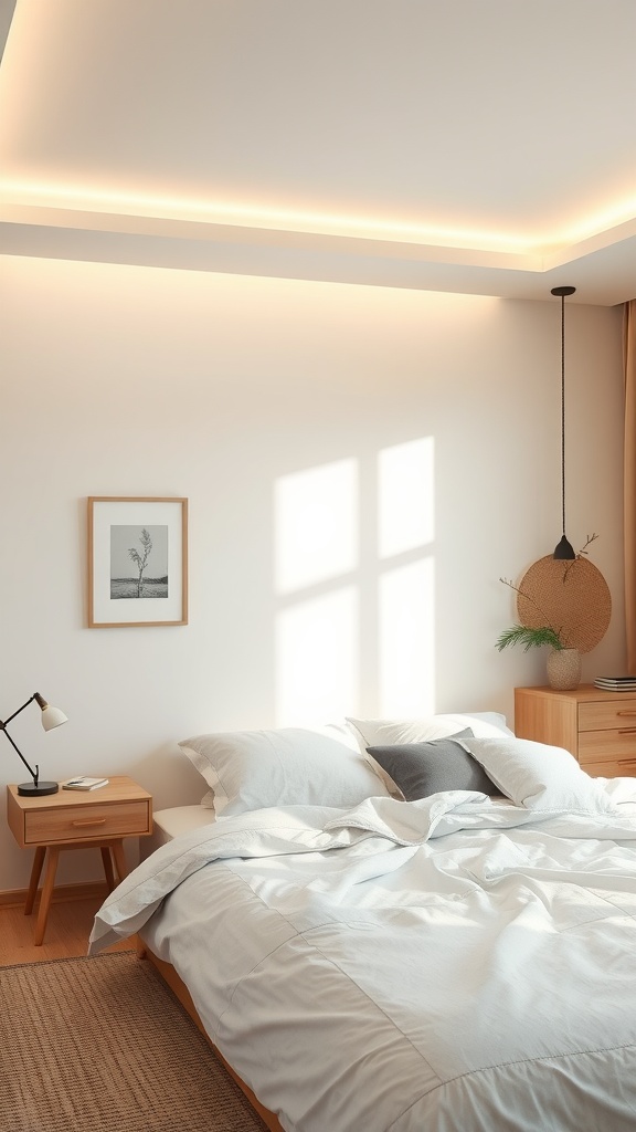 A bright and cozy white and beige bedroom with layered lighting features including ceiling lights and a pendant lamp.