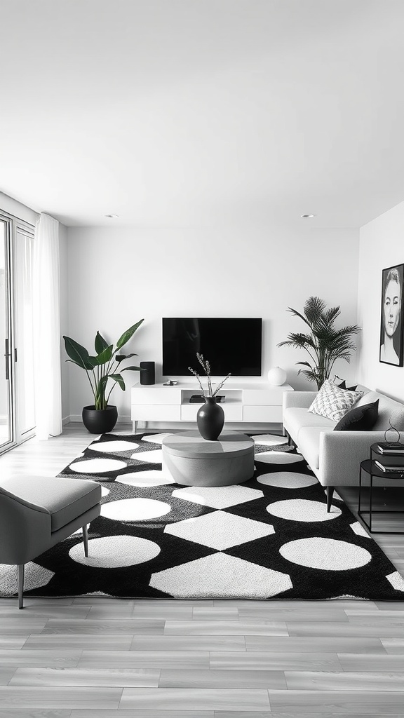 A black and white aesthetic living room featuring a bold geometric rug, minimalistic furniture, and green plants.