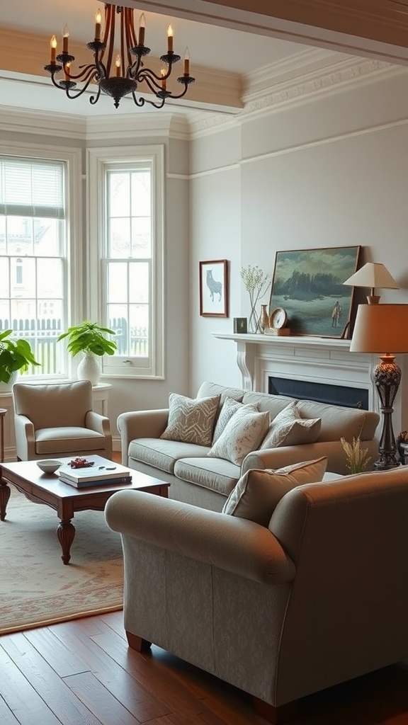 A cozy English living room with soft seating, a coffee table, and natural light from large windows