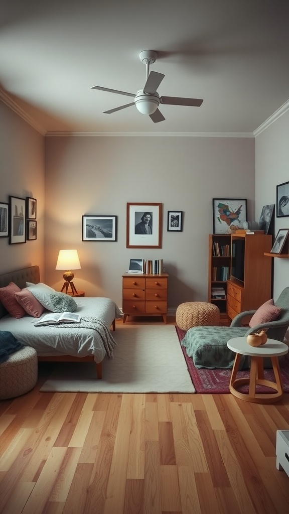 A cozy bedroom with a bed and a small seating area, featuring warm lighting and artwork on the walls