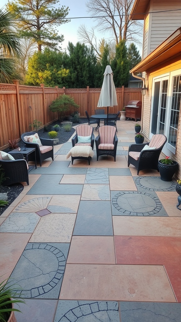 A beautifully designed back patio with stamped concrete, featuring various colors and patterns, and cozy seating.