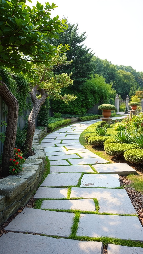 A winding stone pathway surrounded by greenery and flowers in a garden.