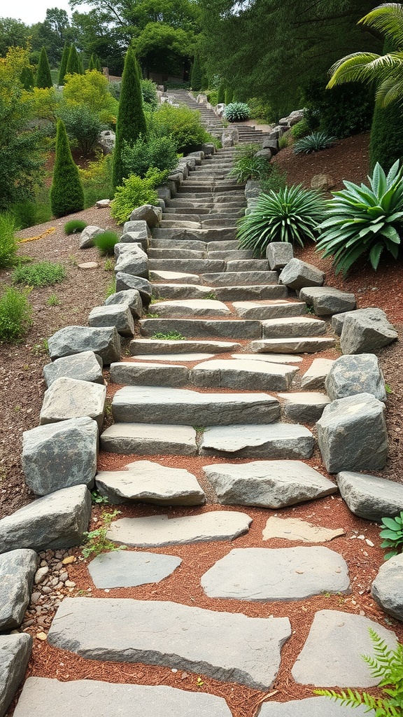 A stone pathway with large stones leading up a slope, surrounded by greenery and plants.