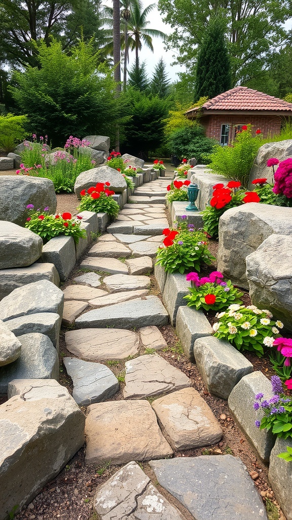 A stone pathway lined with colorful flowers in a garden setting.