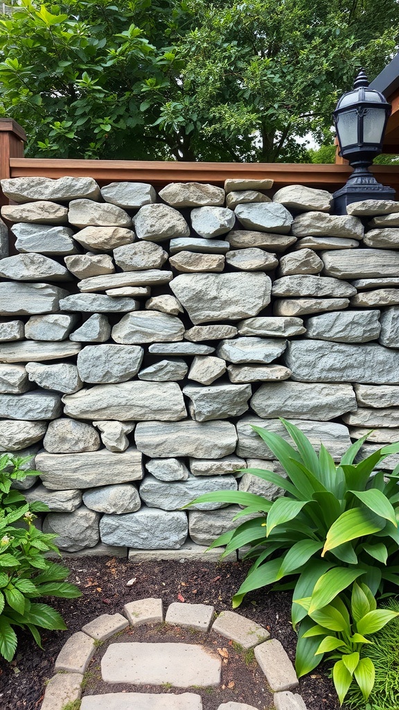 A stacked stone wall surrounded by greenery and a pathway.
