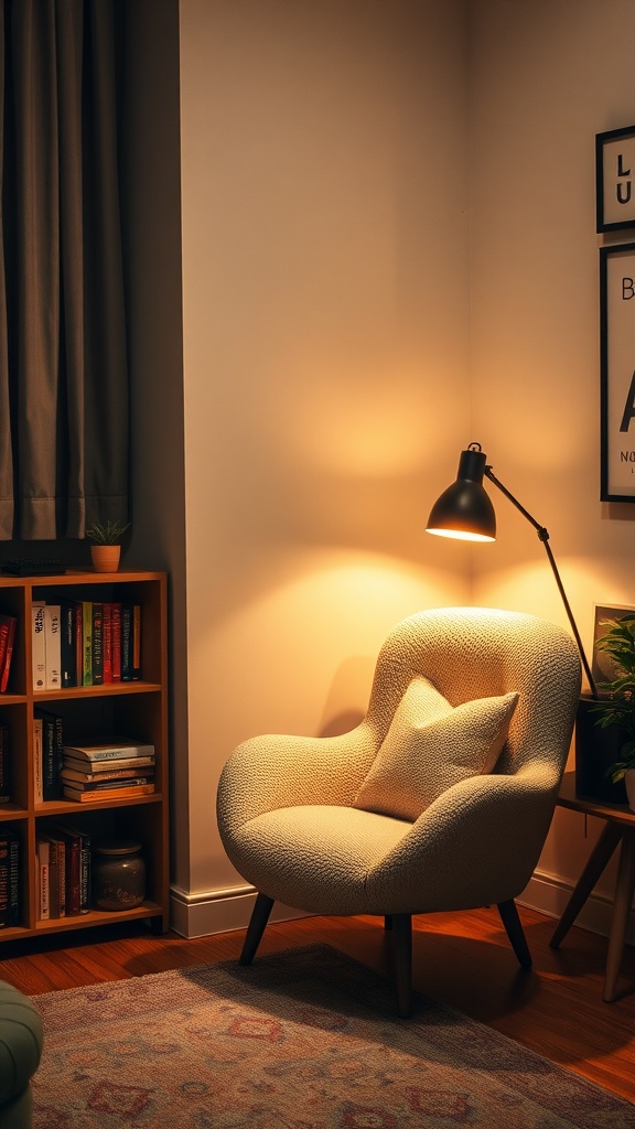 A cozy corner in a studio apartment featuring a comfortable chair, a warm lamp, and a bookshelf.