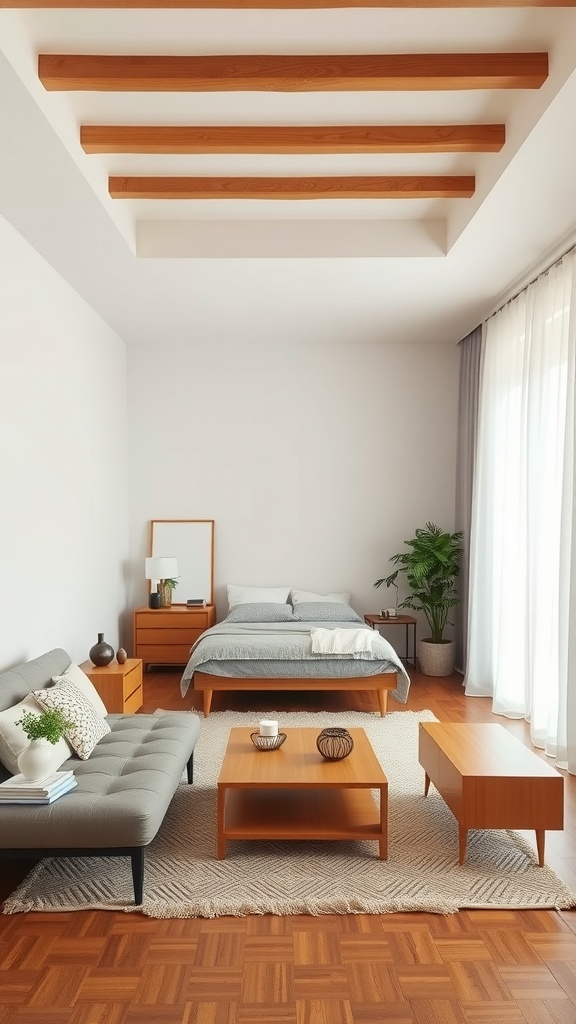 A cozy bedroom featuring an asymmetrical layout with a bed, gray sofa, and wooden furniture.