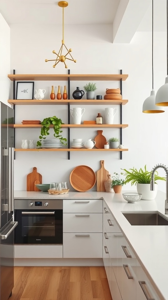 Minimalist kitchen with wooden vertical shelves displaying plants and kitchenware.