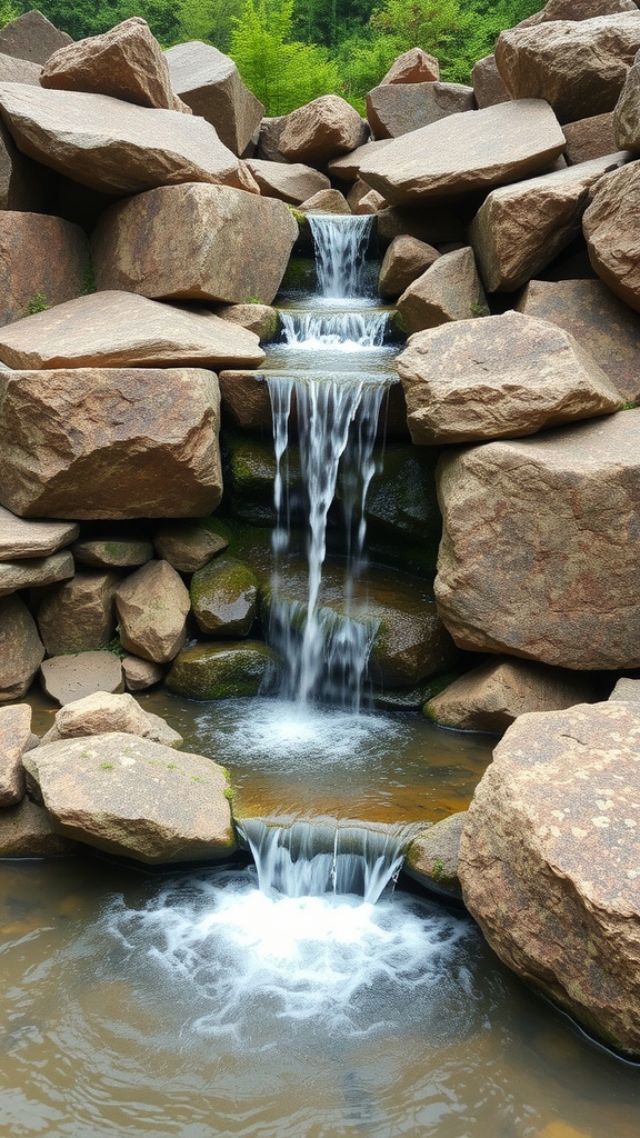A cascading waterfall surrounded by large rocks in a natural setting