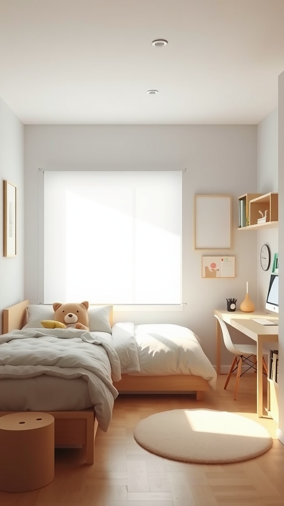 A minimal kids bedroom featuring a cozy bed, study desk, and soft rug.