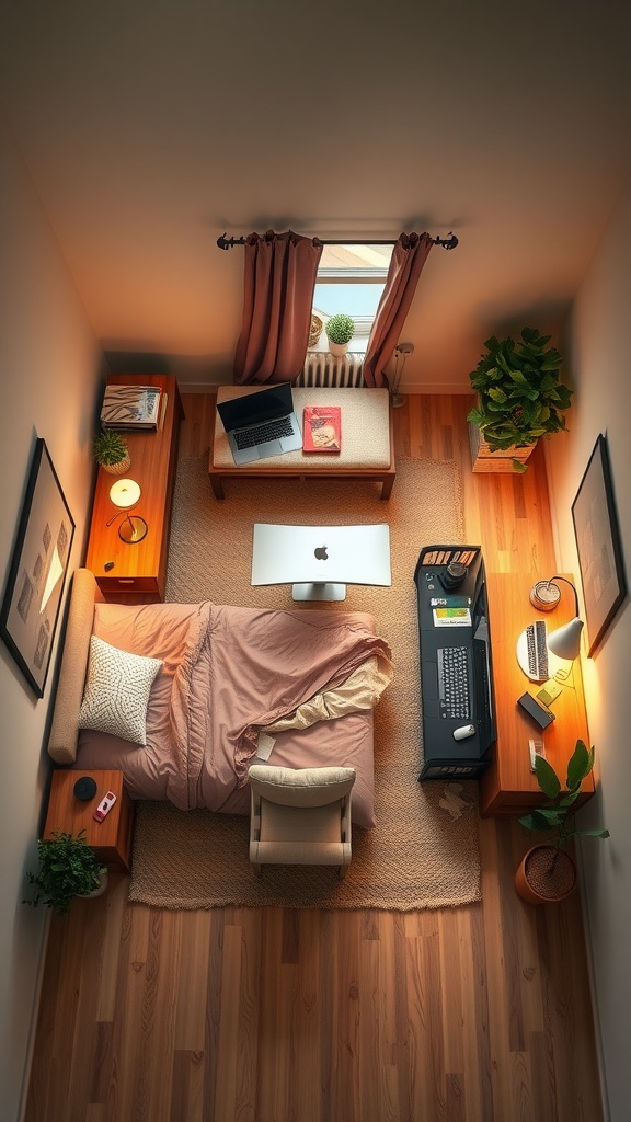 An aerial view of a cozy bedroom layout featuring a bed, workspace, and plants.