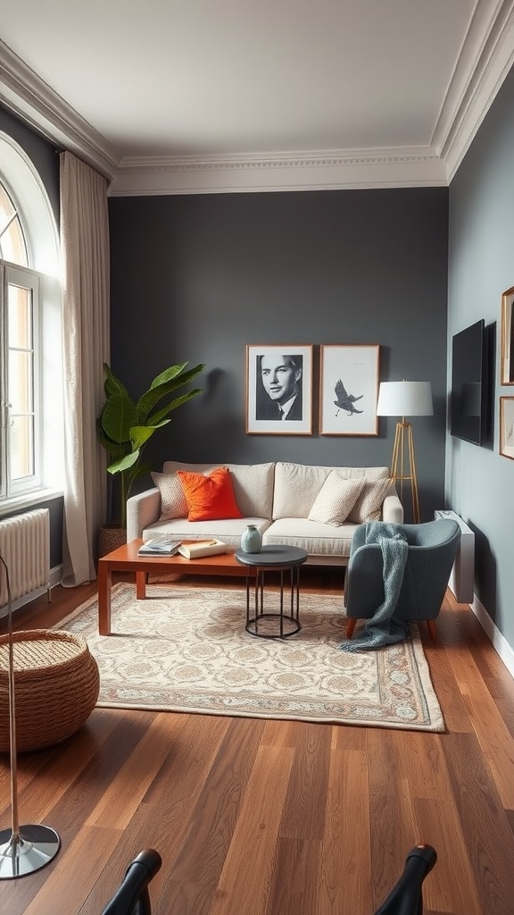 A stylish small living room with a cozy rug, comfortable furniture, and warm lighting.