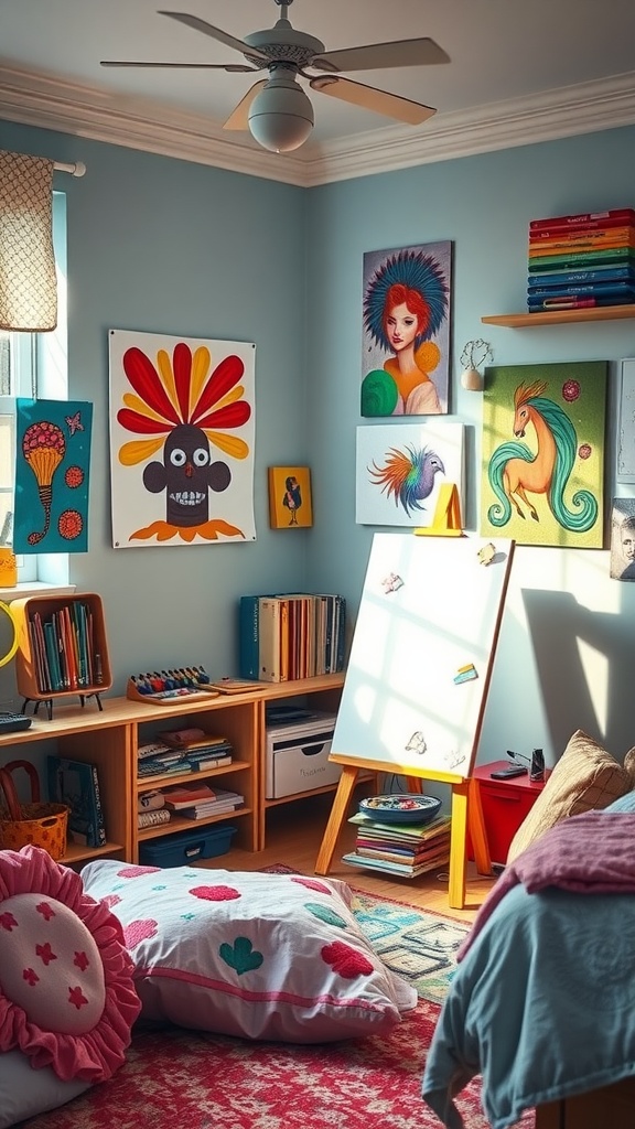 A colorful teen bedroom with an art studio space featuring vibrant artwork, an easel, and cozy cushions.