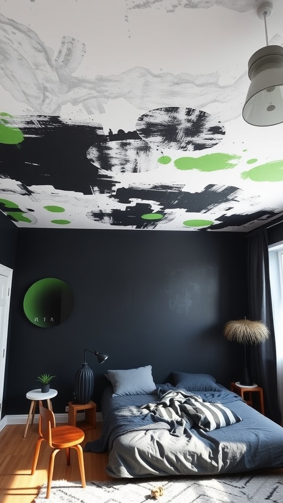 A modern bedroom with a black and green ceiling, dark walls, and simple furnishings.