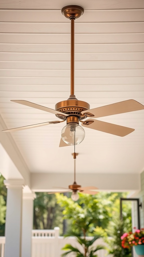 A stylish ceiling fan with a warm metallic finish hanging in an outdoor porch setting, featuring a charming light fixture.