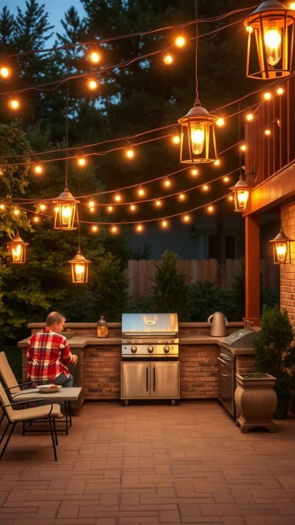 An outdoor kitchen featuring warm lighting with string lights and lanterns, creating a cozy atmosphere.