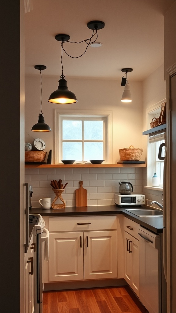 A cozy small kitchen with creative lighting solutions, featuring hanging pendant lights and a bright window.
