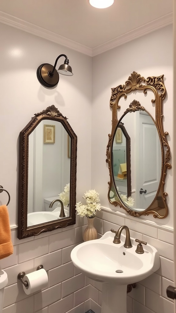 A cozy bathroom featuring two unique mirrors: one ornate gold mirror and a sleek modern mirror, complemented by a vase of flowers and an orange towel.