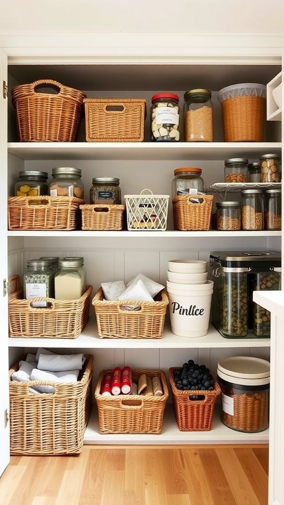 An organized farmhouse pantry with baskets and jars on shelves