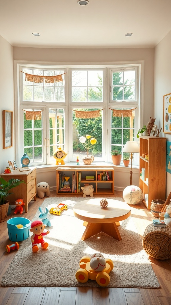 Sunlit playroom with large windows, colorful toys, and a round table