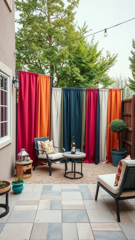 Colorful fabric privacy screens on a back patio with seating and decor
