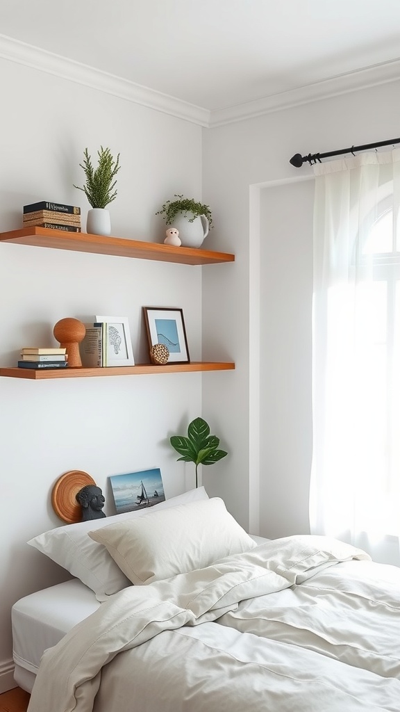 A cozy small bedroom featuring wall-mounted shelves with books, plants, and decor above a bed.