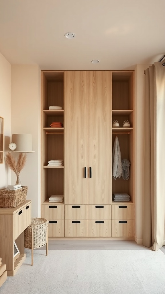 A modern beige aesthetic bedroom featuring a wooden storage unit with drawers and shelves, complemented by wicker baskets and a small side table.