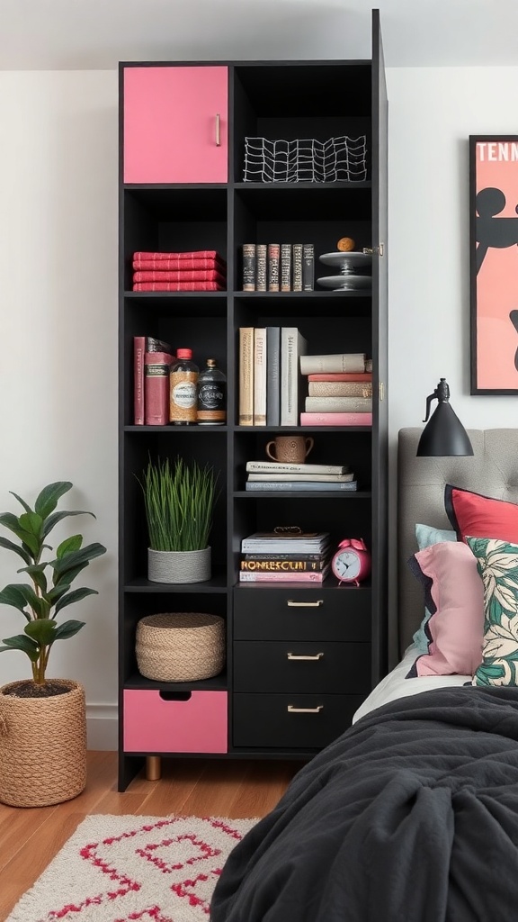 A stylish black shelving unit with pink accents, filled with books, plants, and decorative items in a modern bedroom.
