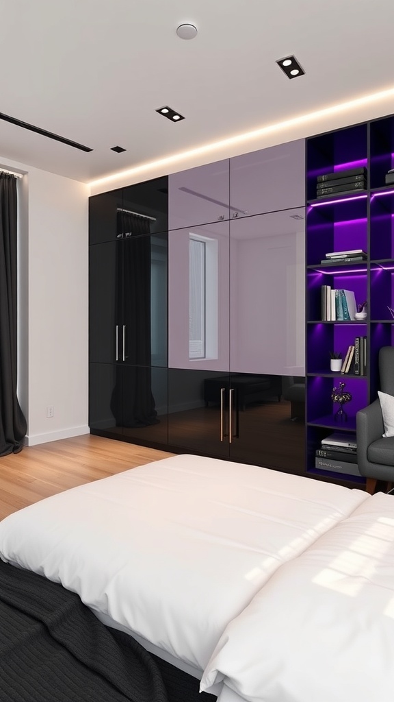 A modern black and purple bedroom featuring sleek cabinetry and stylish storage solutions.