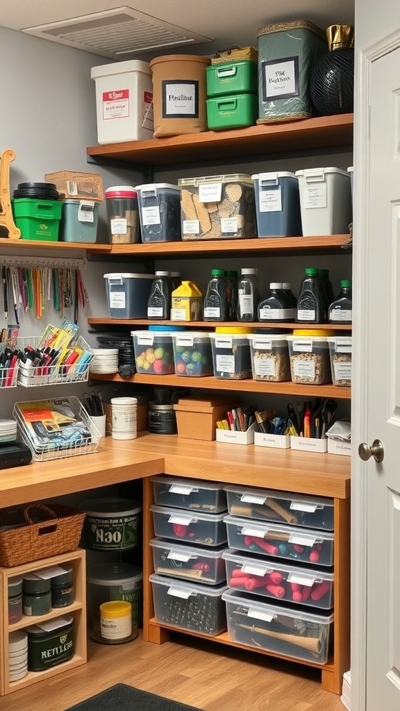 Organized hobby room with shelves and storage containers for supplies.