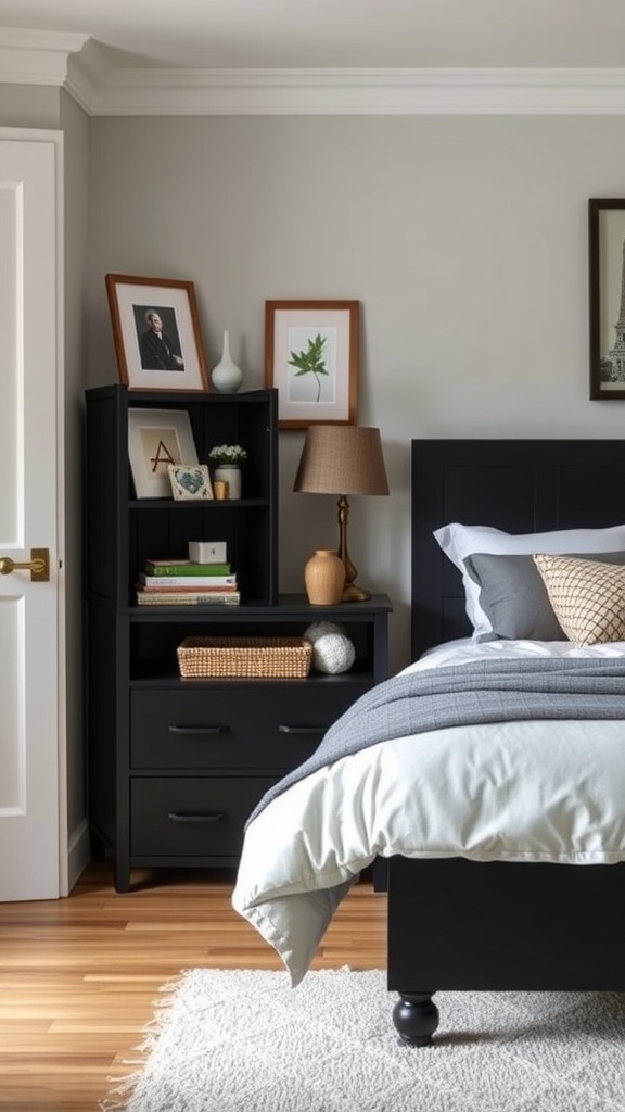 A stylish black dresser and nightstand in a modern bedroom setting.