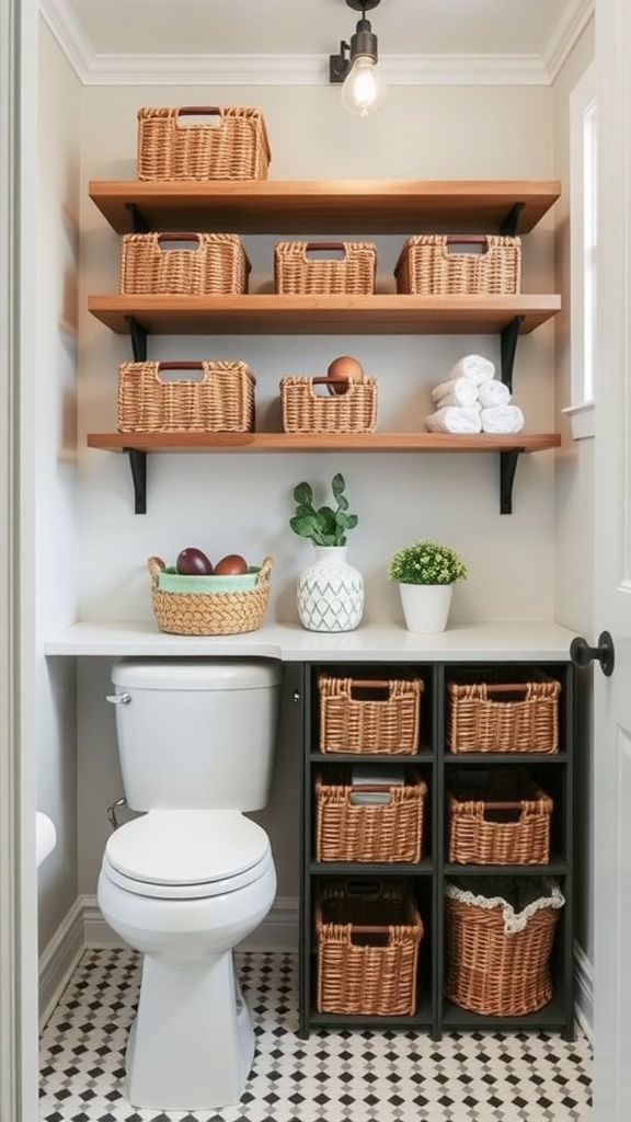 A modern farmhouse bathroom featuring wooden shelves and wicker baskets for storage.