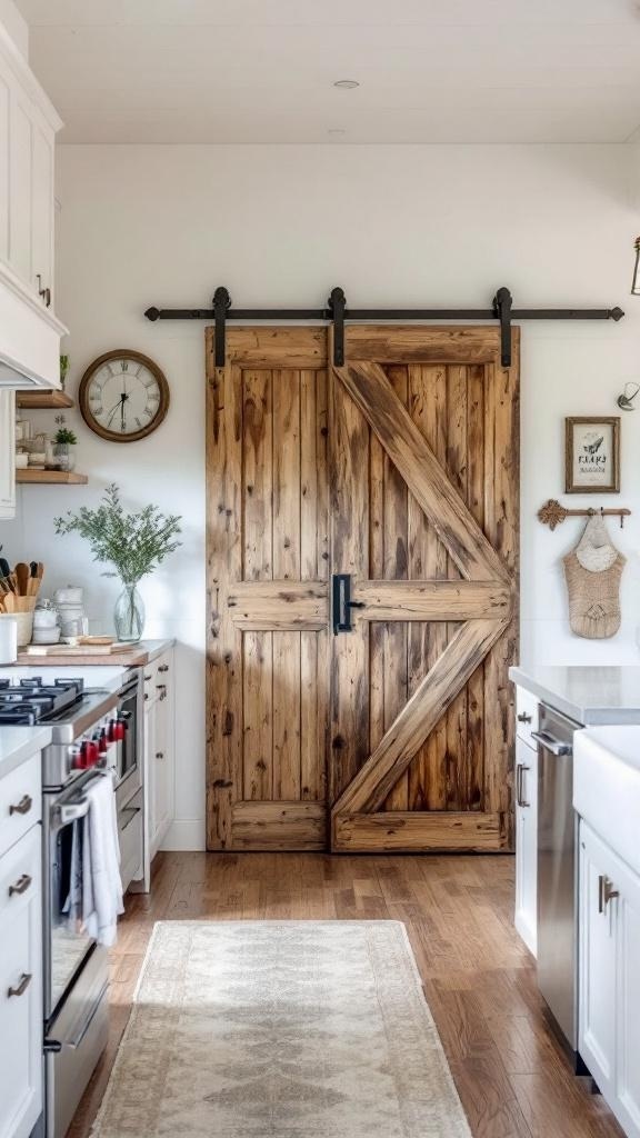 A rustic barn door in a farmhouse kitchen, showcasing wooden texture and sliding mechanism.